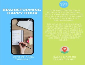 Poster promoting event "Brainstorming happy hour" on 29th of April