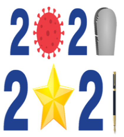 Graphic of year 2021 (with covid bacteria as 0 and tombstone as 0) and year 2021 (with star as 0 and pen as 1).