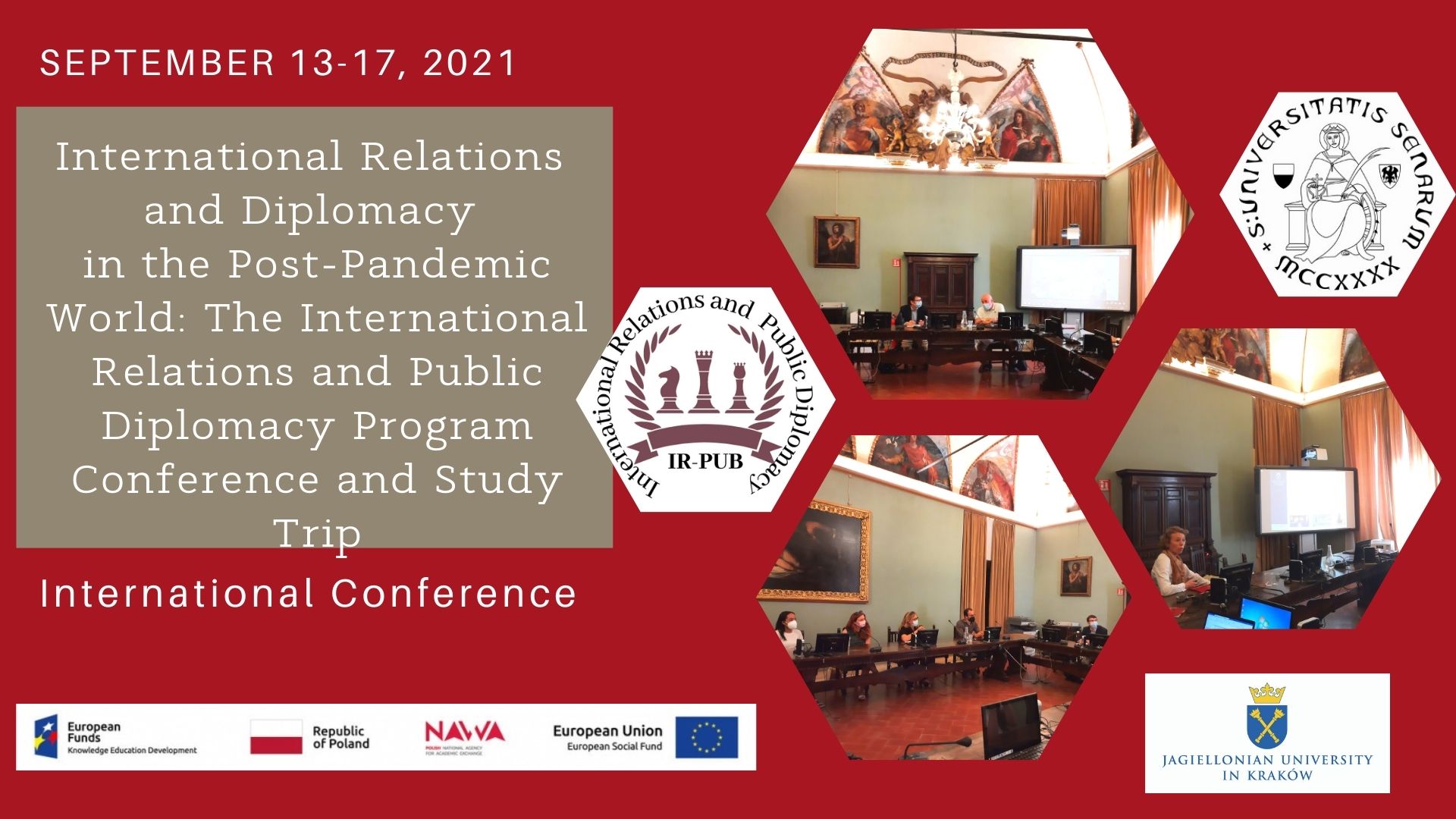 International Relations and Diplomacy in the Post-Pandemic World: The International Relations and Public Diplomacy Program Conference and Study Trip. The graphic shows graphics of the University of Siena and the International Relations and Public Diplomacy study program.
